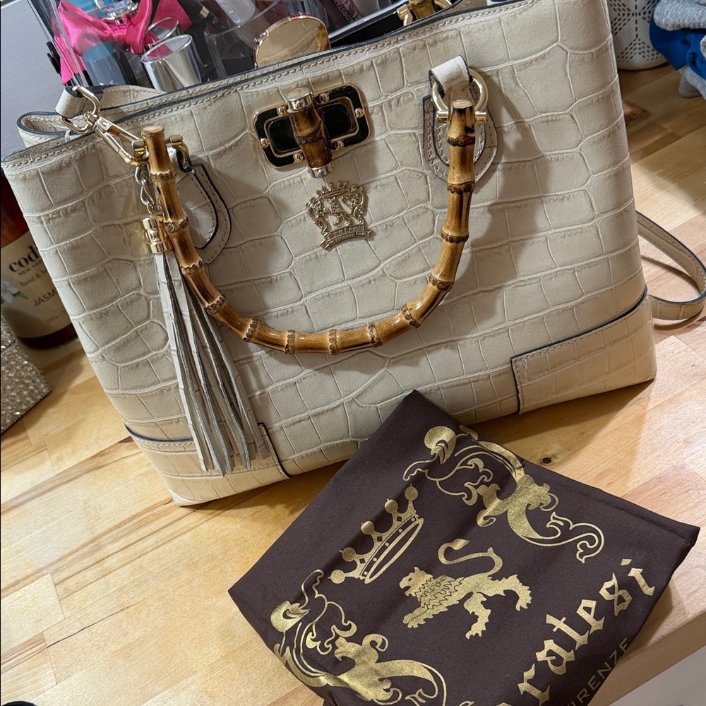 Pratesi Bambu Croc Print Leather Tote Handbag Italian Designer